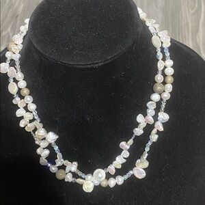Handmade Silver tone & petal Pearl & crystal bead choker 2 strand necklace